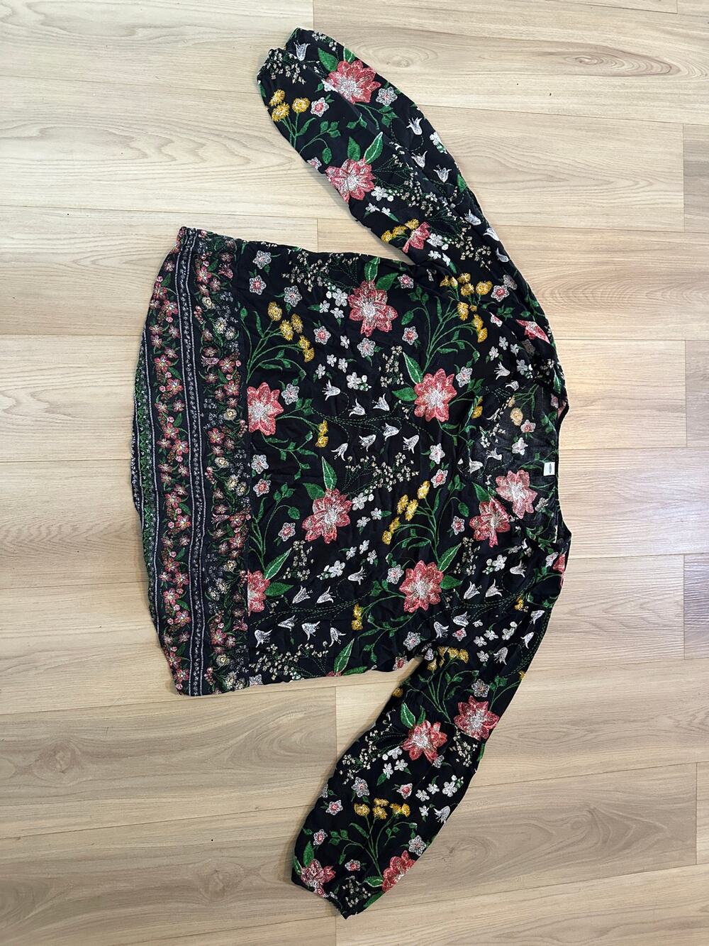 Old Navy Floral Peasant Blouse XXL Black Pink Boho Long Sleeve Tunic Top